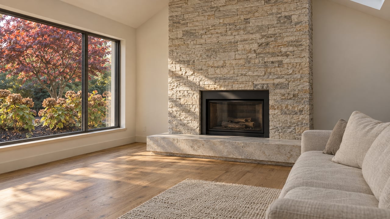 Vaulted living room with a tall limestone fireplace, oak flooring, oatmeal sofa and autumn foliage visible through a large closed window.