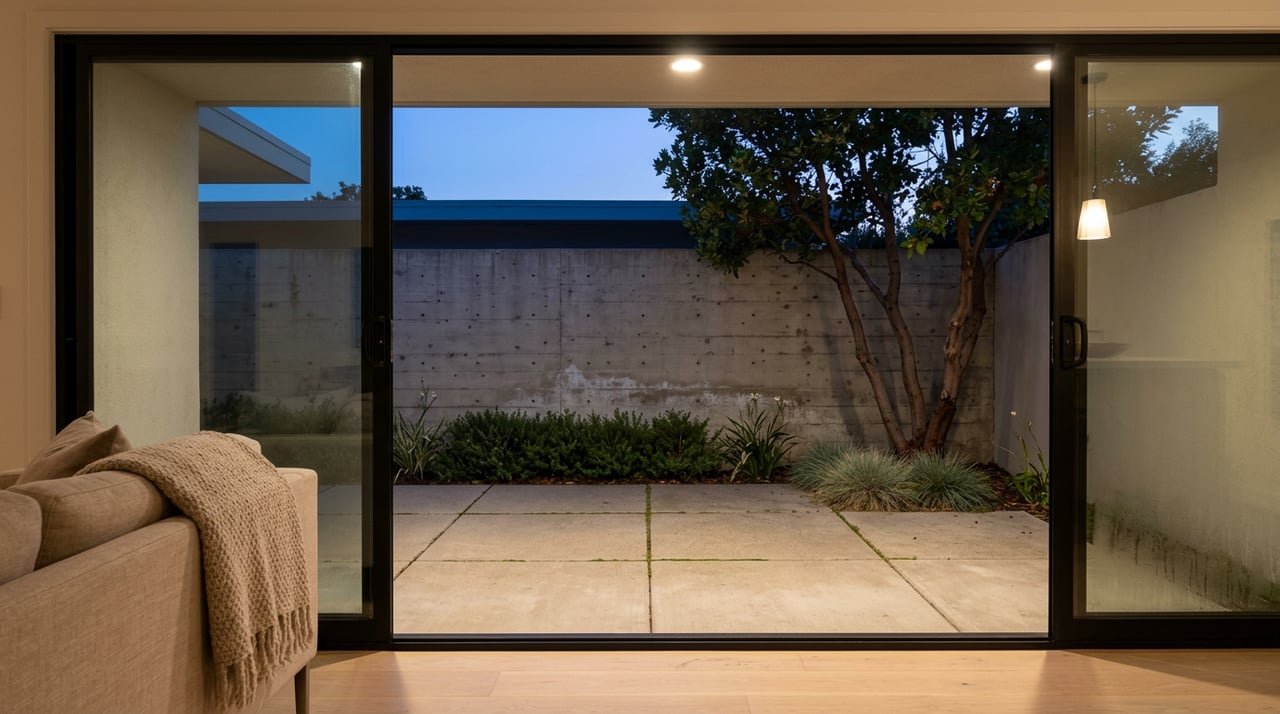 Open sliding glass door framing a dusk patio with a concrete wall, specimen tree, and grasses