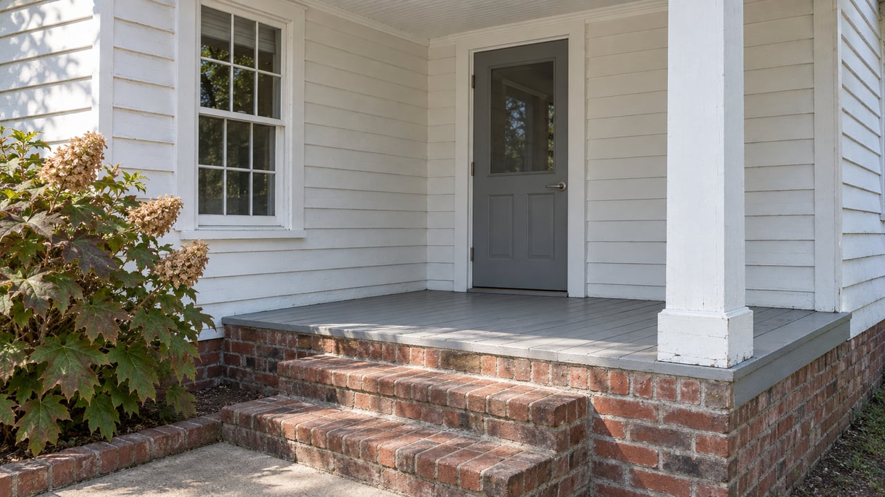 White wood-sided home with a covered side entry, gray door, worn brick steps and an oakleaf hydrangea.
