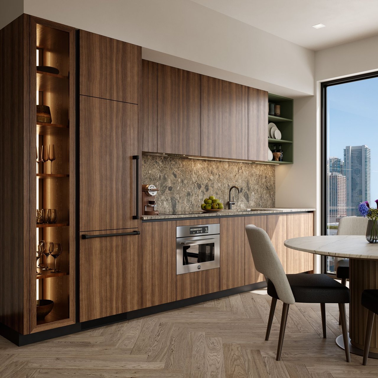 Modern Miami kitchen with wood cabinetry, stone backsplash, and skyline views through a large window.