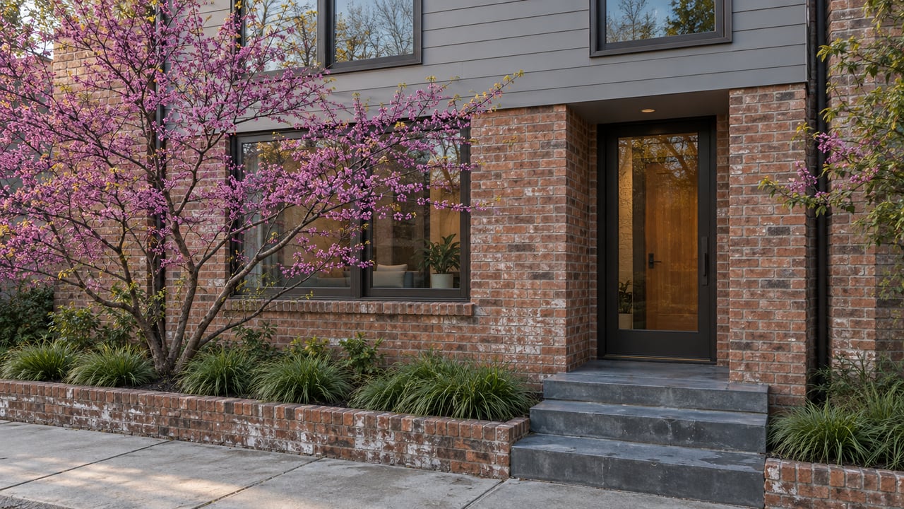 Narrow brick infill house with gray upper siding, recessed glazed door, bluestone steps, and a small redbud tree.