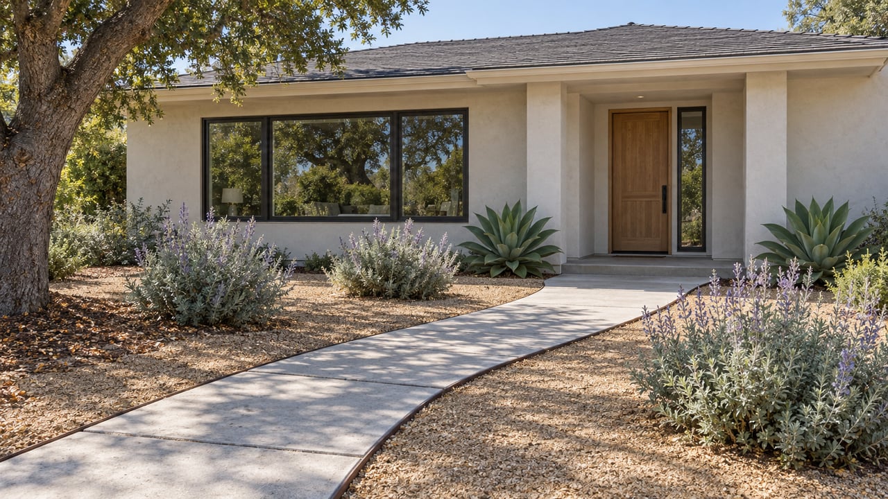 A sunlit single-story stucco home behind a broad dry garden, with an oak tree, silver sage and a concrete approach to a sheltered wood door.
