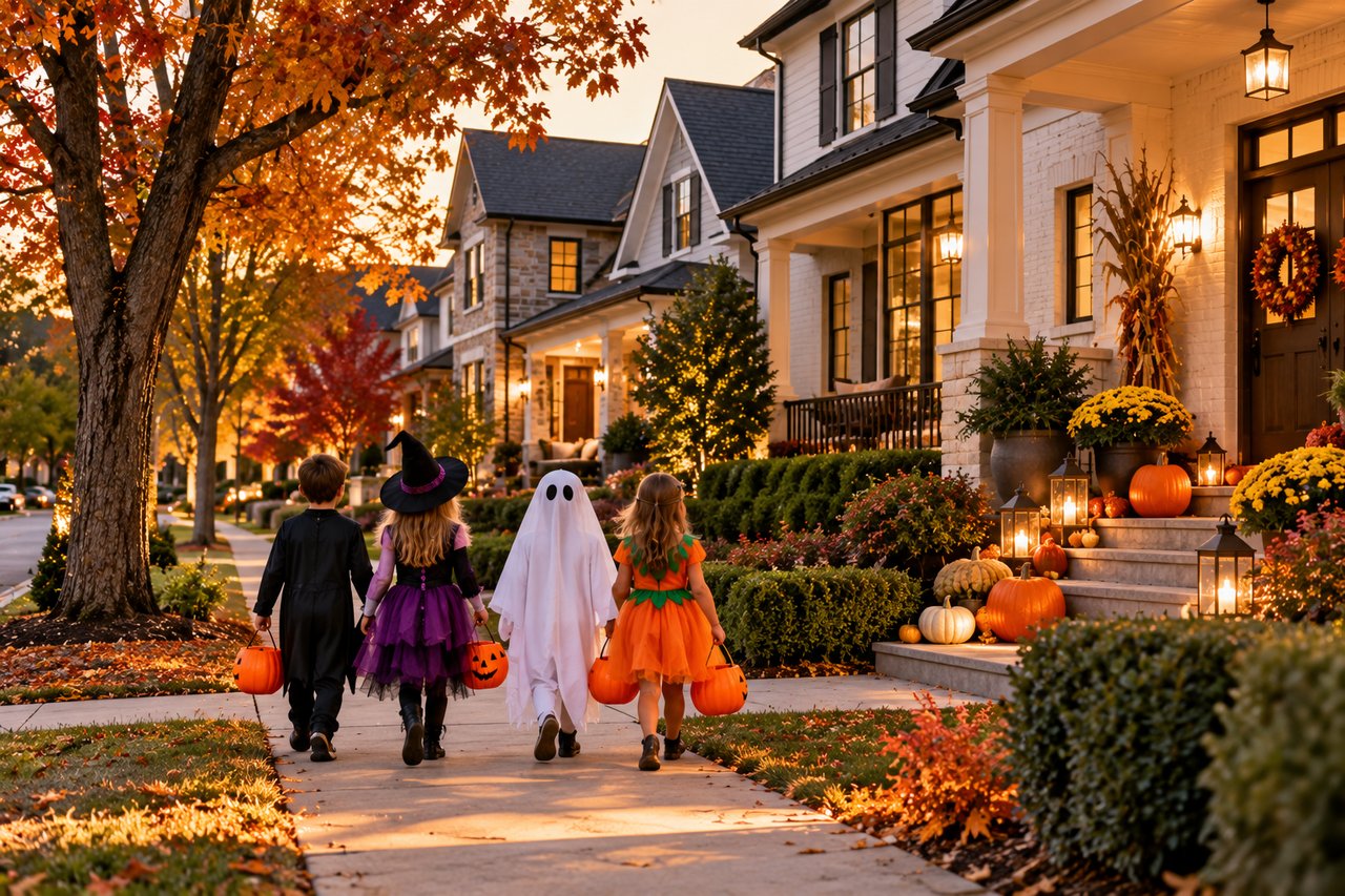 Children in Halloween costumes trick-or-treating along a beautiful tree-lined Nashville neighborhood, featuring elegant homes, colorful fall foliage, glowing porch lights, pumpkins, and festive autumn decorations for family-friendly Halloween fun.