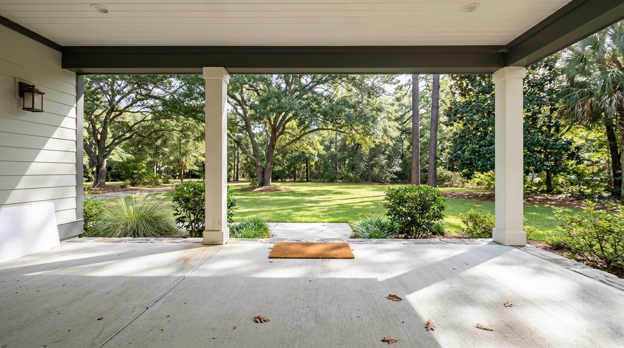 Covered front porch with off-white posts, a coir doormat, stone step, and sunlit lawn beneath mature trees.