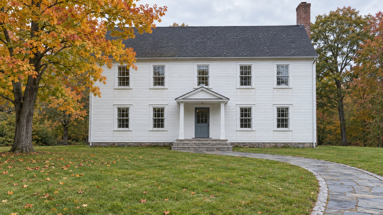 White clapboard home with a blue-gray front door, granite steps and a deep lawn beneath orange autumn maple leaves.