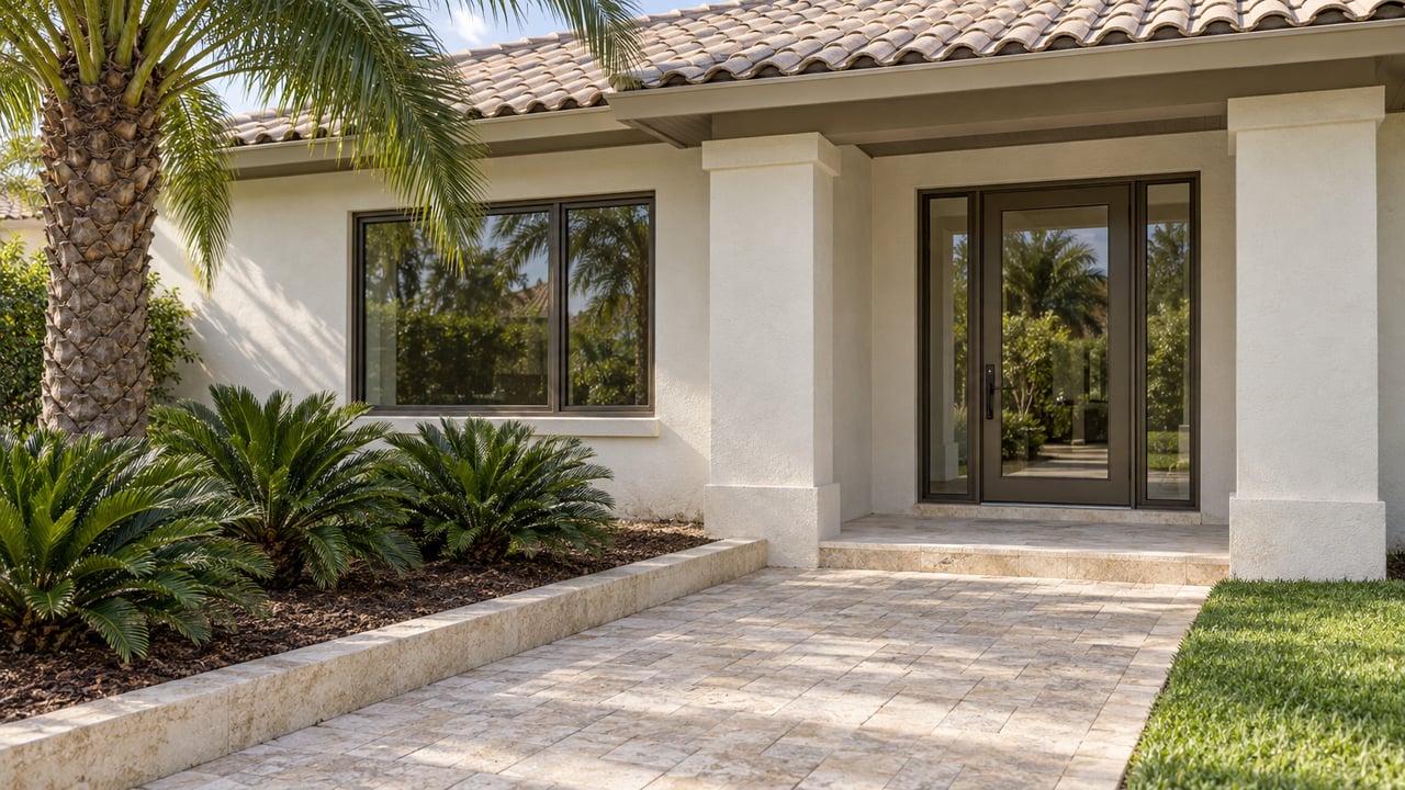 Sunlit ivory stucco home with a pale tiled roof, bronze-framed entry glazing, limestone edging and a sculptural palm.