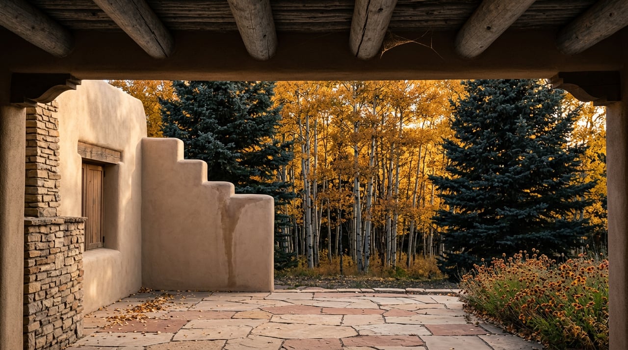 Golden aspens fill a courtyard beyond a shaded stone portal with weathered vigas and a flagstone floor.