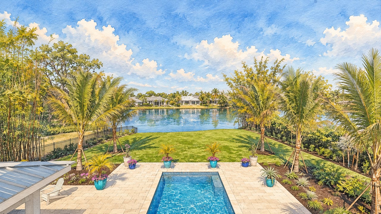 Waterfront property rendering with a patio pool, palm-lined lawn, and homes across the water.