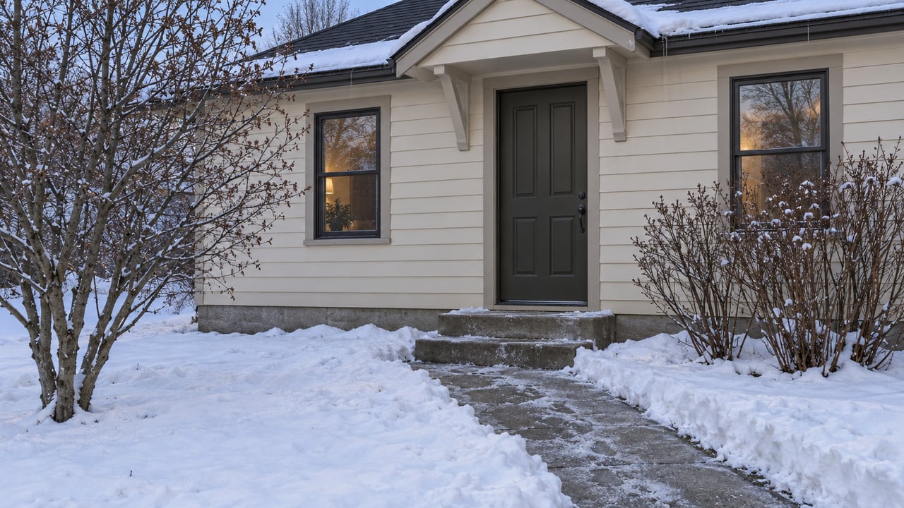 Cream-sided house with a dark gabled roof, flanked by bare shrubs, beyond a shoveled snowy walkway.