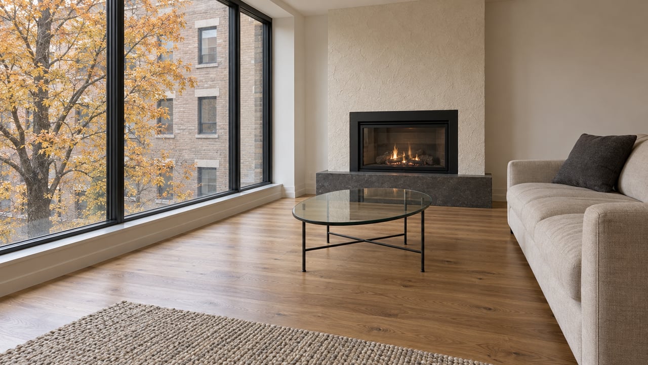 Condominium living room with oak flooring, oatmeal sofa, plaster fireplace and tall windows overlooking autumn maple branches and a brick residential building.