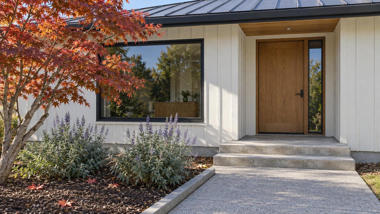 Sunlit bungalow entry with an oak door, dark-framed window, concrete steps and copper-red Japanese maple leaves.