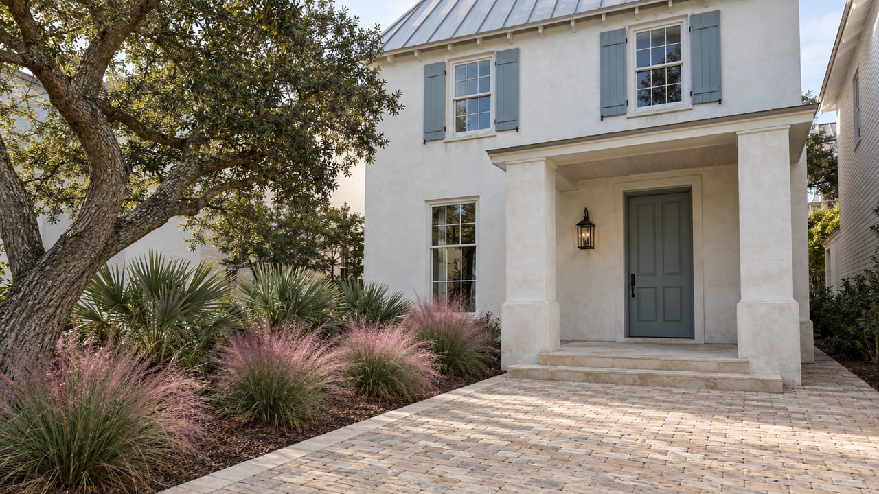 White stucco house with pale-blue shutters and a blue-green entry door beside a brick approach and pink flowering grasses.
