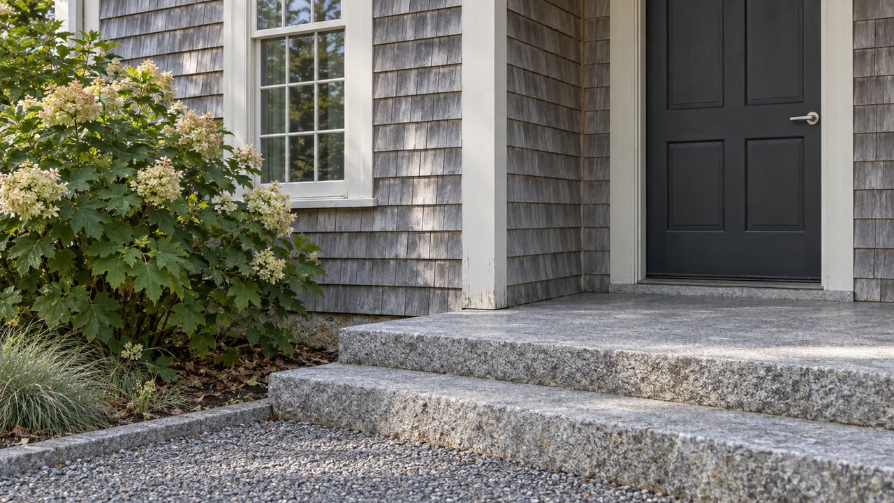 Cedar-shingled house entry with a six-over-six window, granite steps, and an oakleaf hydrangea.