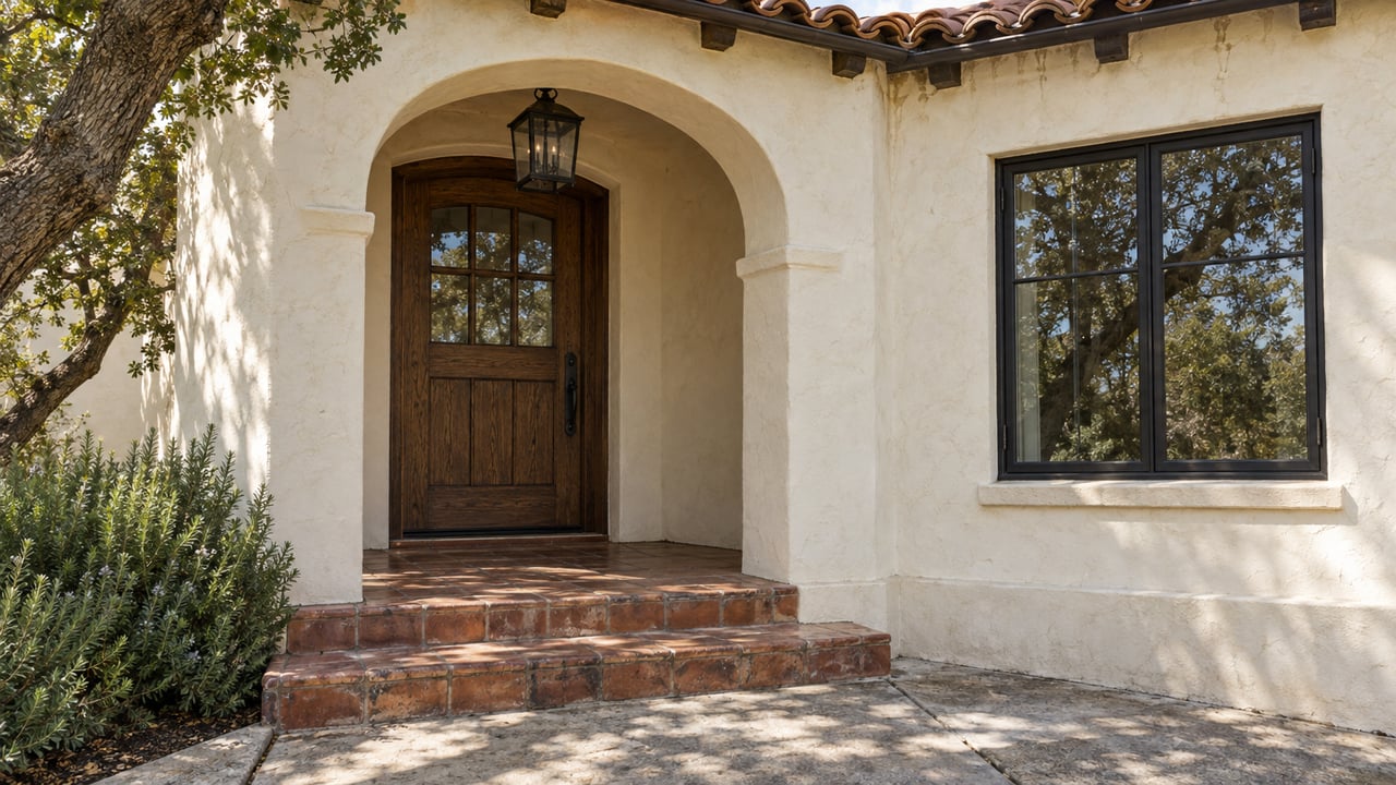 Ivory-stucco entry with an arched oak door, black casement window, and worn terracotta steps beneath an oak canopy.