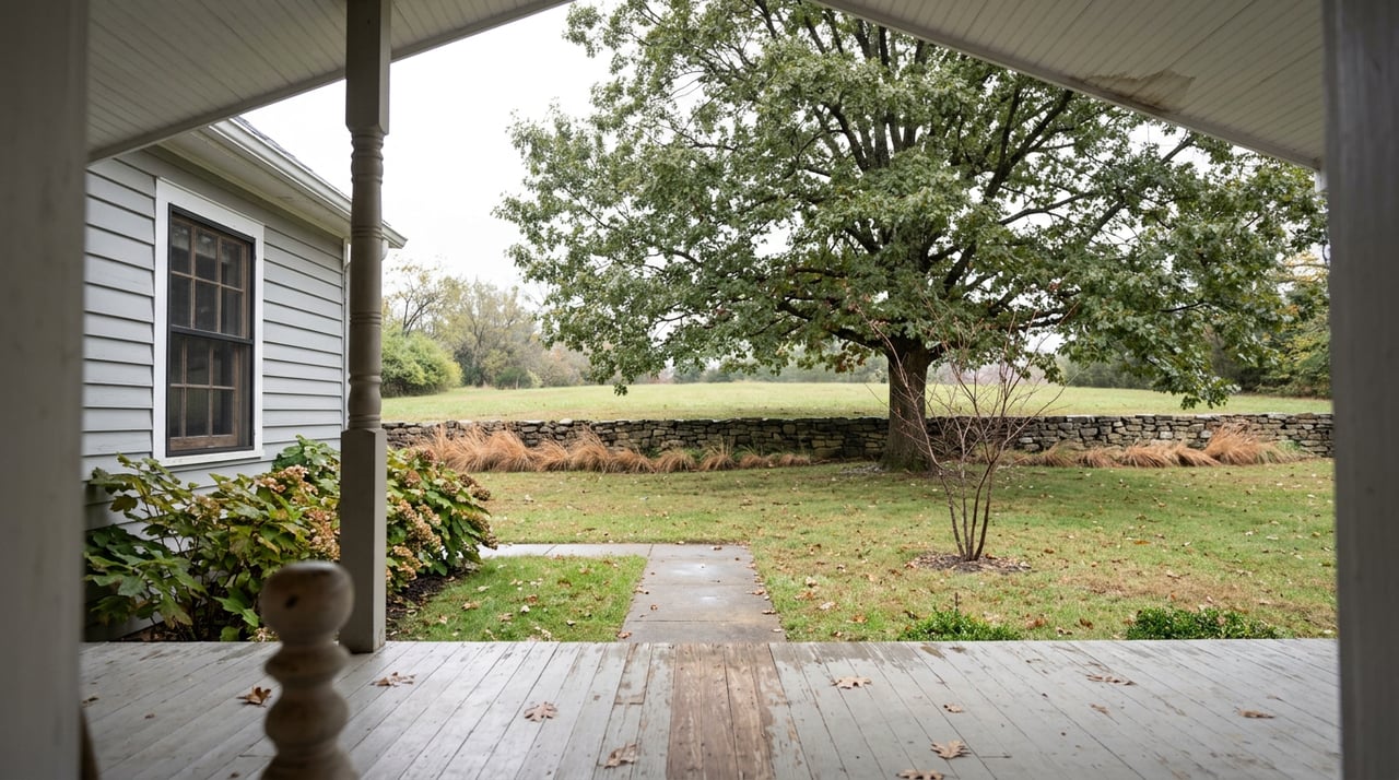 Porch floorboards and a wooden baluster frame a lawn with an oak, flowering tree, and low stone wall.