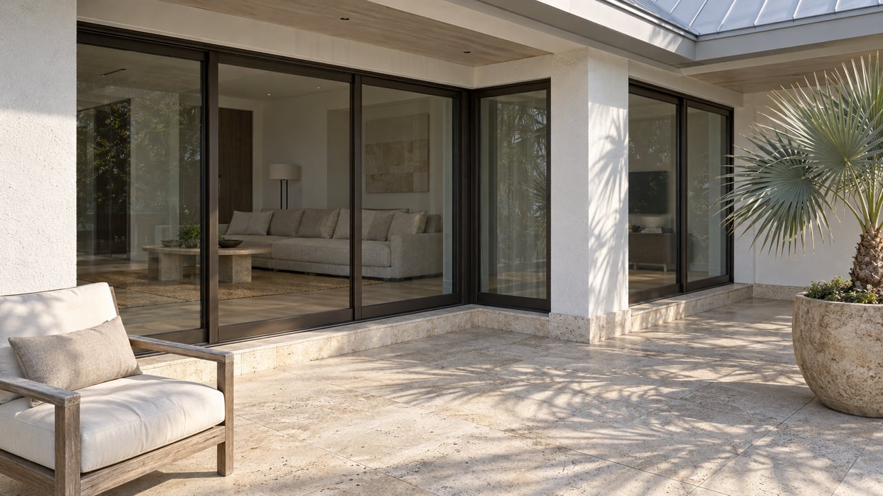 Covered terrace with shell-bearing limestone paving, white stucco, bronze-framed glass doors, a teak chair, and a silver thatch palm in a ceramic vessel.