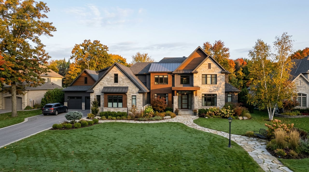 Gray brick-and-taupe home with a covered entry, orange-red maple, and fallen leaves on the lawn.