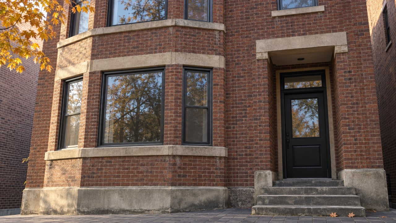 Low-angle view of reddish-brown brick residential bay windows, limestone trim and a recessed black entrance, with ochre maple leaves at the corner.