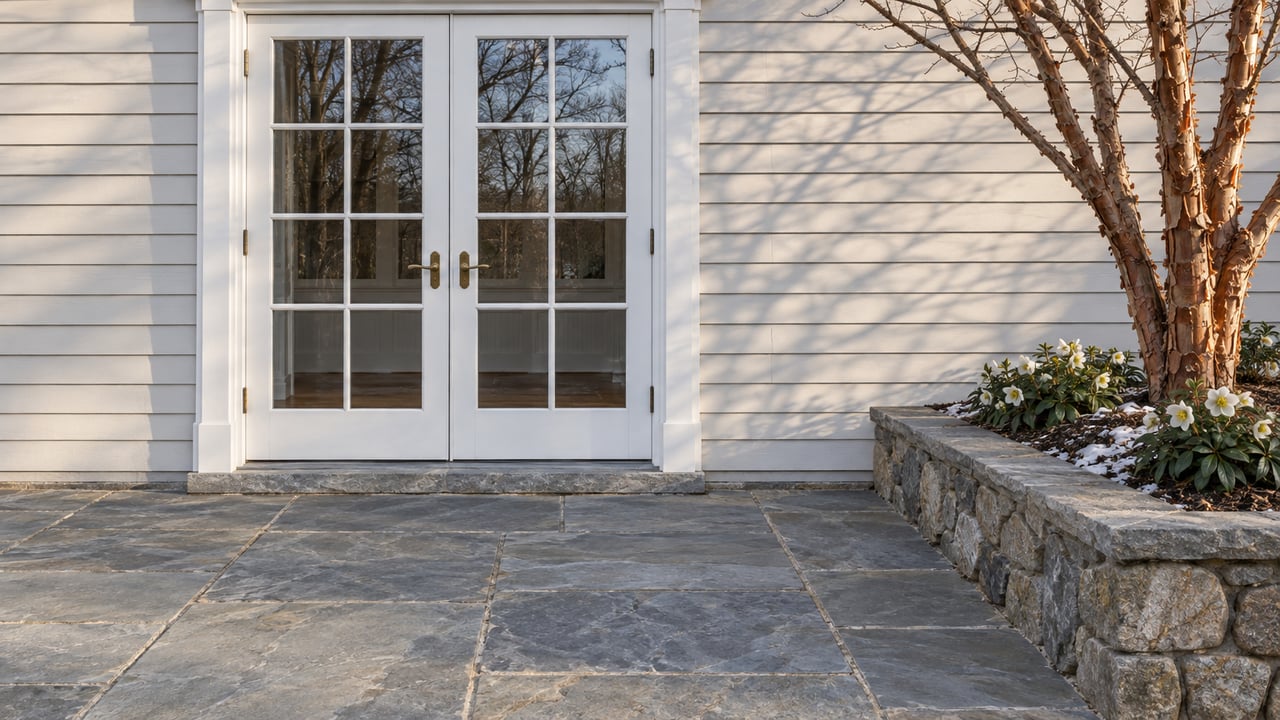 Winter light on white French doors opening onto a bluestone terrace beside a stone bed with paperbark maple and white hellebores.