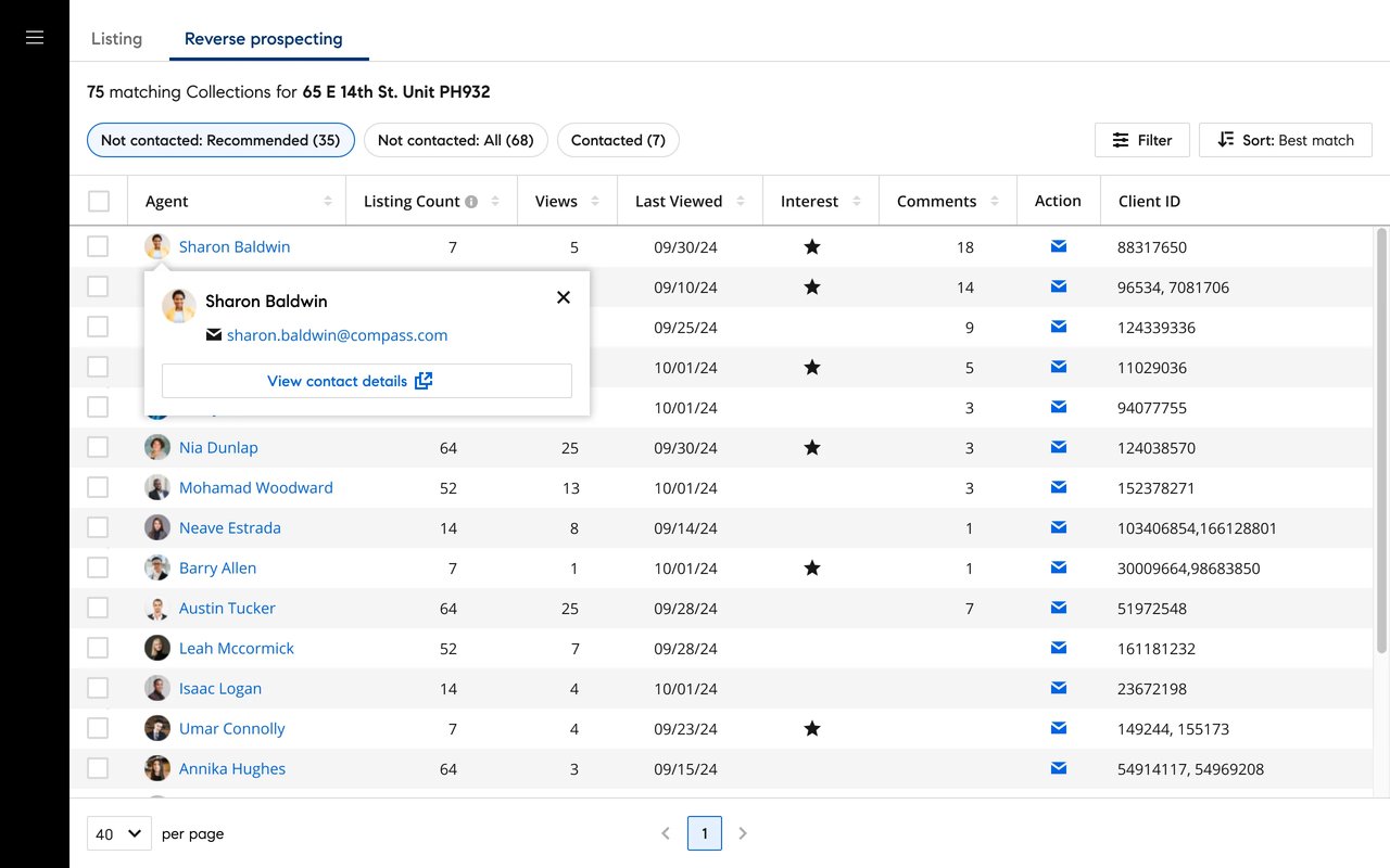 Buyer intelligence dashboard showing reverse prospecting results and a table of agent activity and client interest.