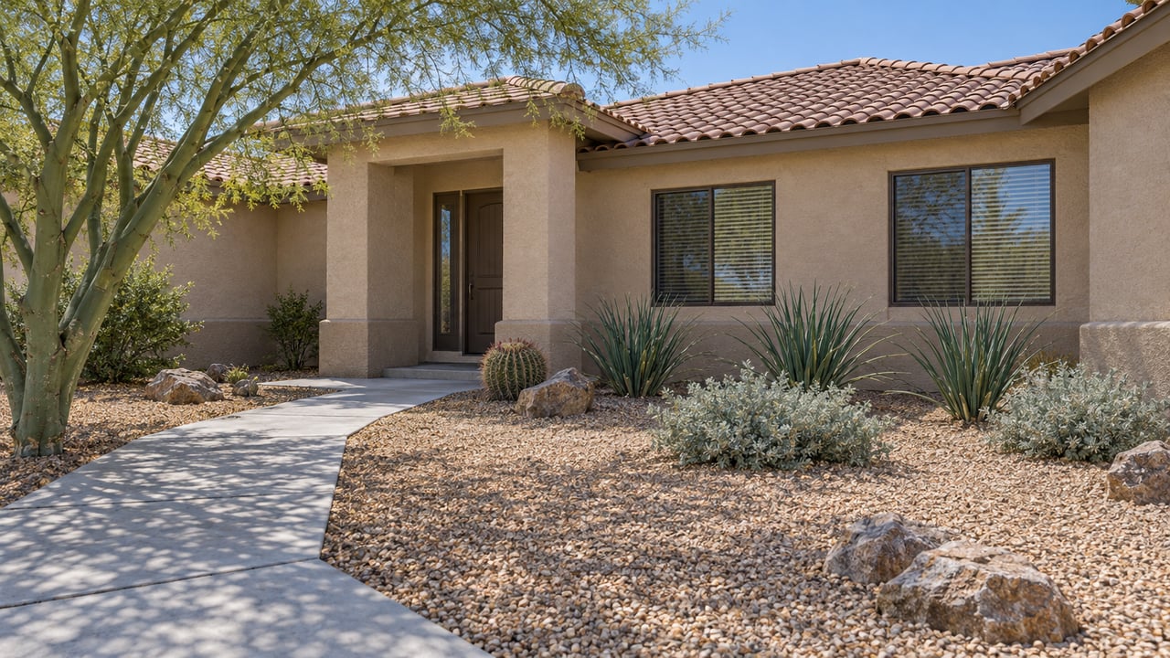 Single-story sand-colored stucco home with a tiled roof, recessed entry, concrete approach, and carefully spaced desert plants in a gravel front yard.