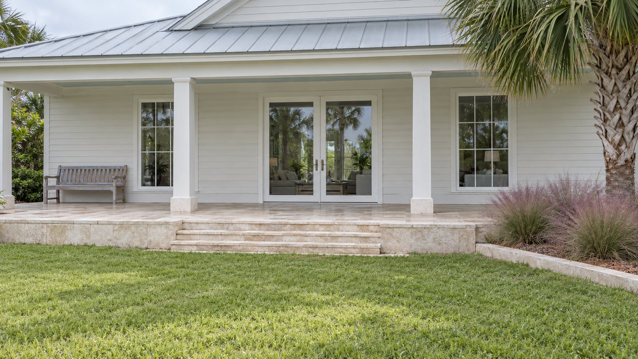 Light-sided home with a covered limestone veranda, paired glass doors, a teak bench and a specimen palm beside a deep green lawn.