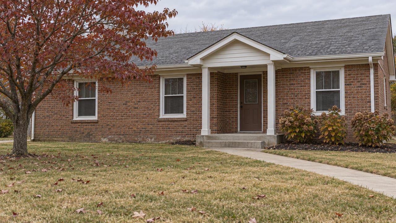 A modest red-brown brick home with a covered entry, deep autumn lawn and a dogwood with burgundy leaves.