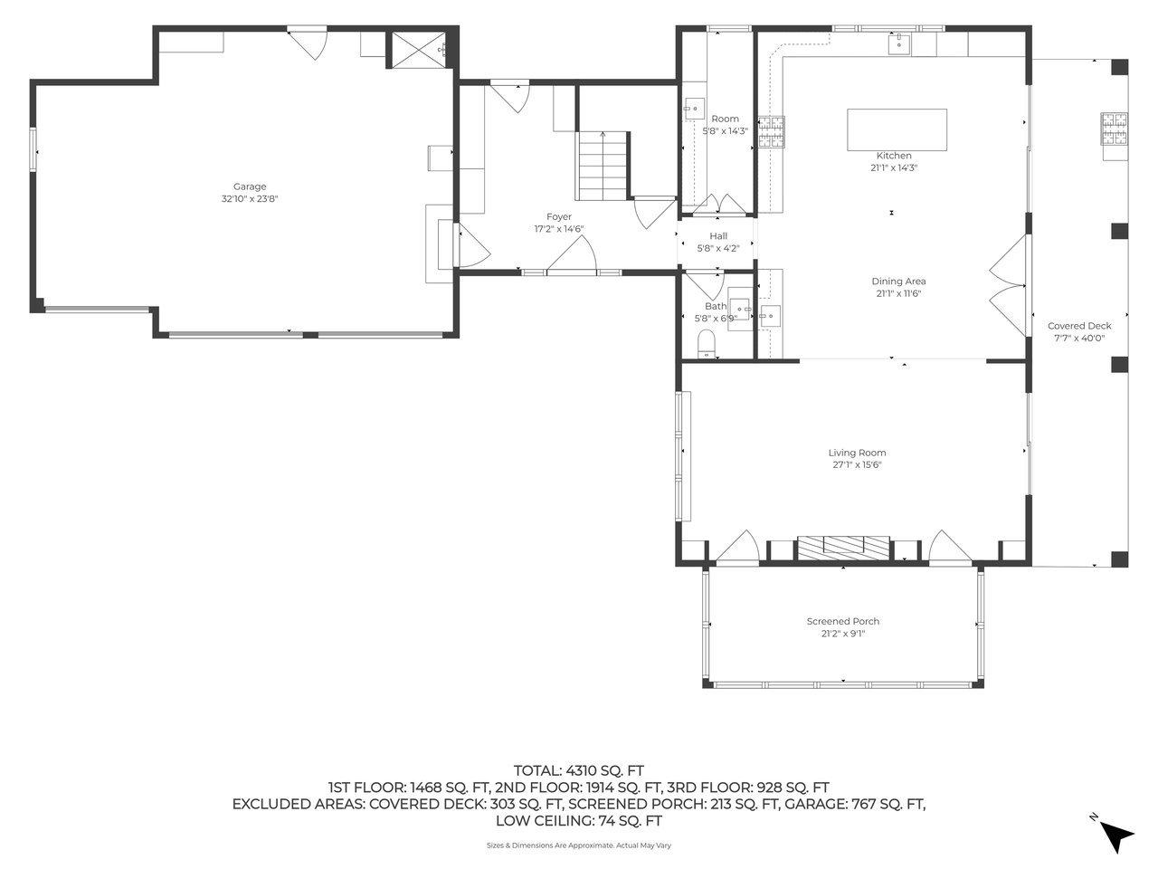 First-floor house plan with garage, kitchen, living and dining areas, covered deck, and screened porch.