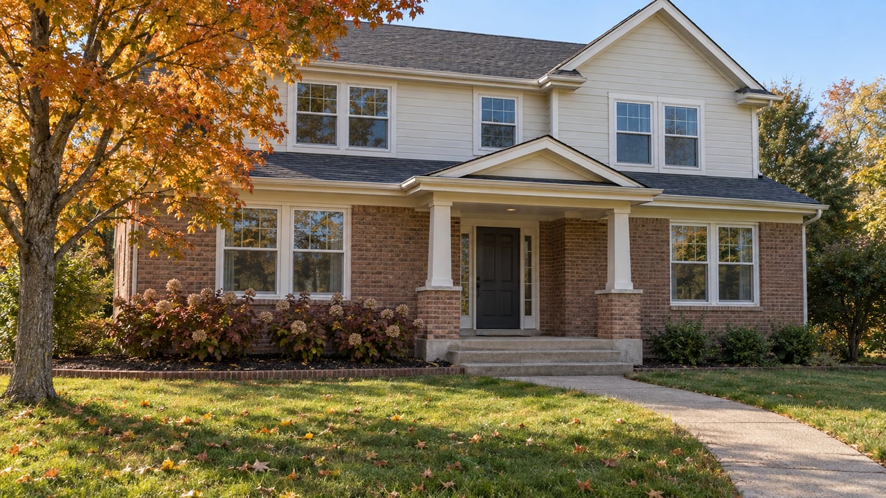 Brick and ivory-sided two-story home with a covered porch, broad green lawn, and a golden sugar maple in autumn sunlight.