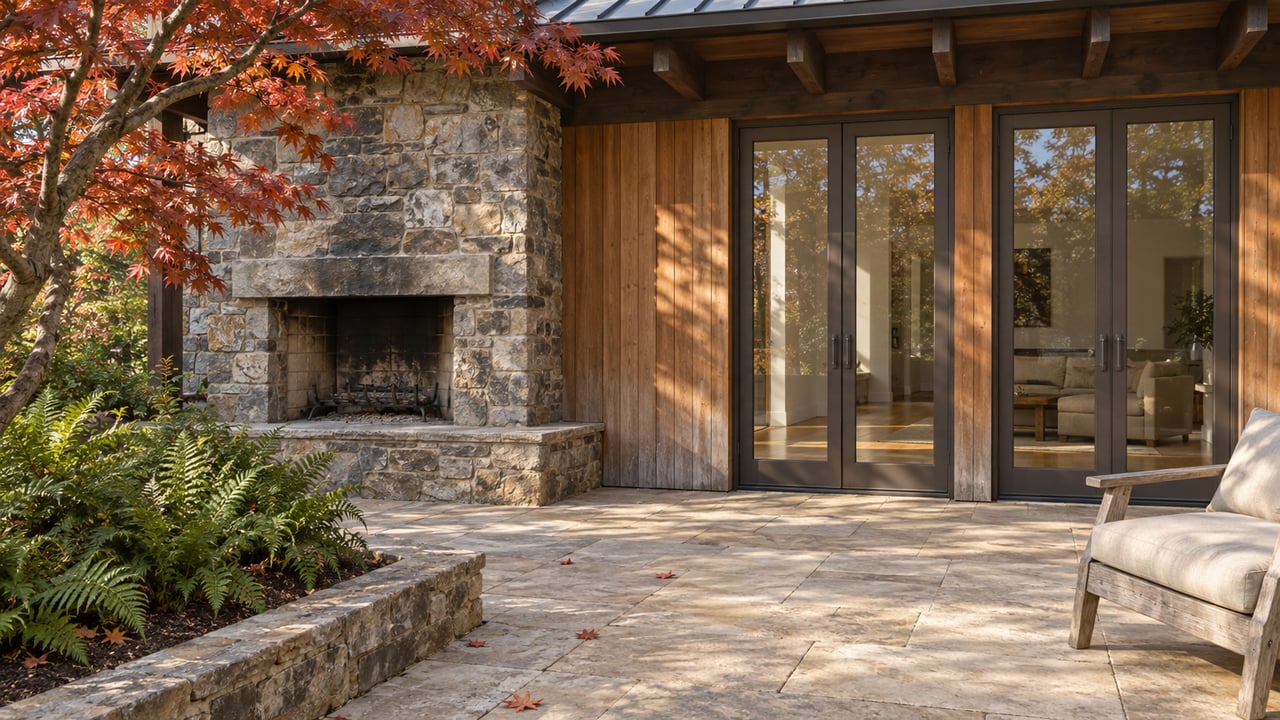 Autumn light on a stone fireplace, cedar siding and closed glass doors beside a limestone terrace and copper-red Japanese maple.