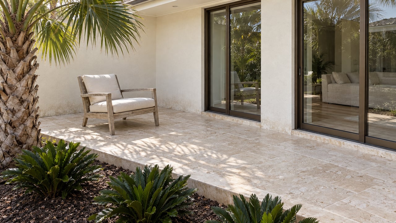 Pale stucco home and closed bronze-framed glass doors beside a shell-limestone terrace, teak lounge chair, and sculptural palm planting.