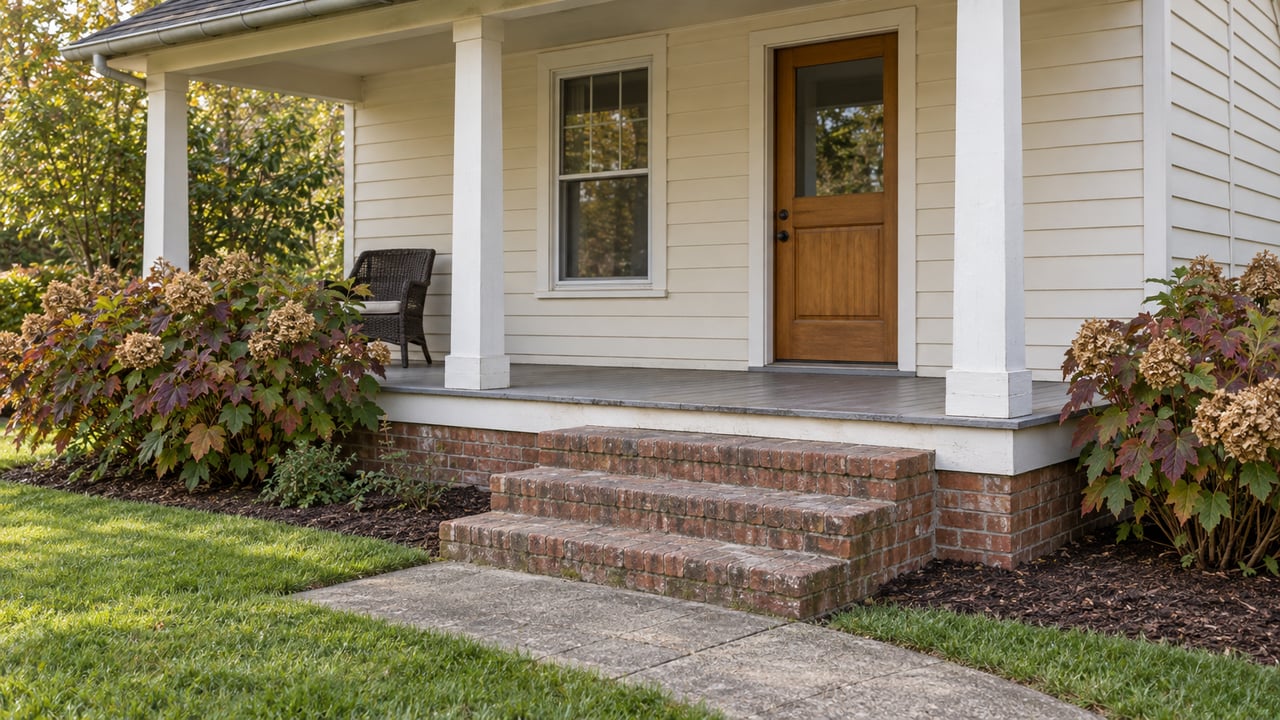 Ivory wood-sided cottage with a sheltered timber porch, brick steps and oakleaf hydrangeas beside a front lawn.