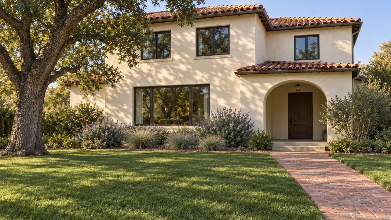 Warm ivory stucco home with clay tile roofs, a recessed arched entrance and a brick path crossing a broad front lawn beneath an oak canopy.