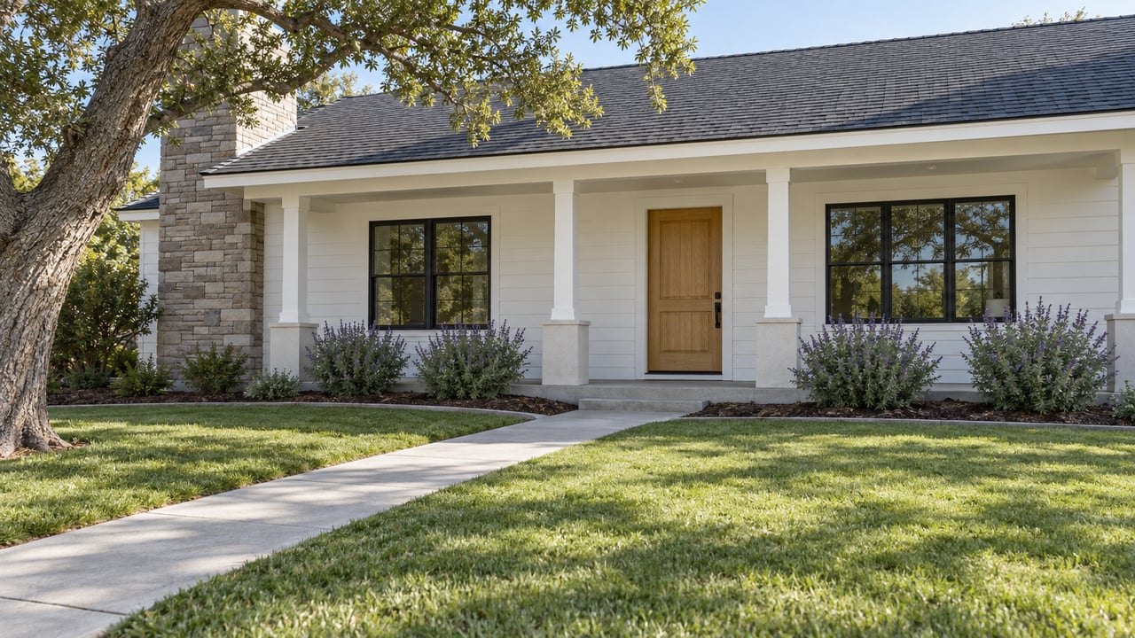 White-sided home with black-framed windows, a shaded porch, stone chimney and a broad lawn beneath a mature oak.