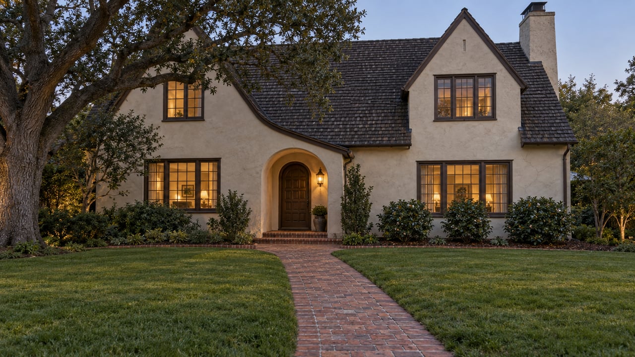An ivory stucco house with a steep shingled roof and glowing windows beyond a deep lawn and brick entrance walk at dusk.