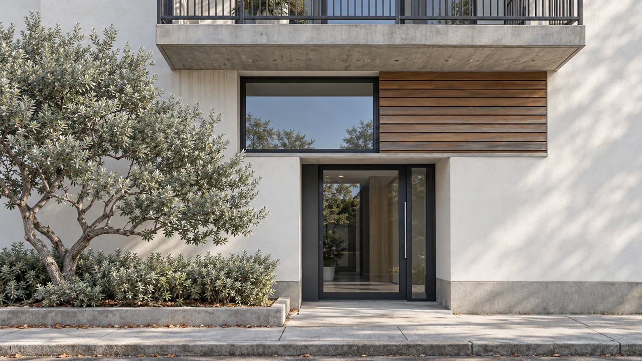 Compact residential facade with a projecting balcony, honey-brown wood slats, recessed glass entry, and silver-leaved tree.