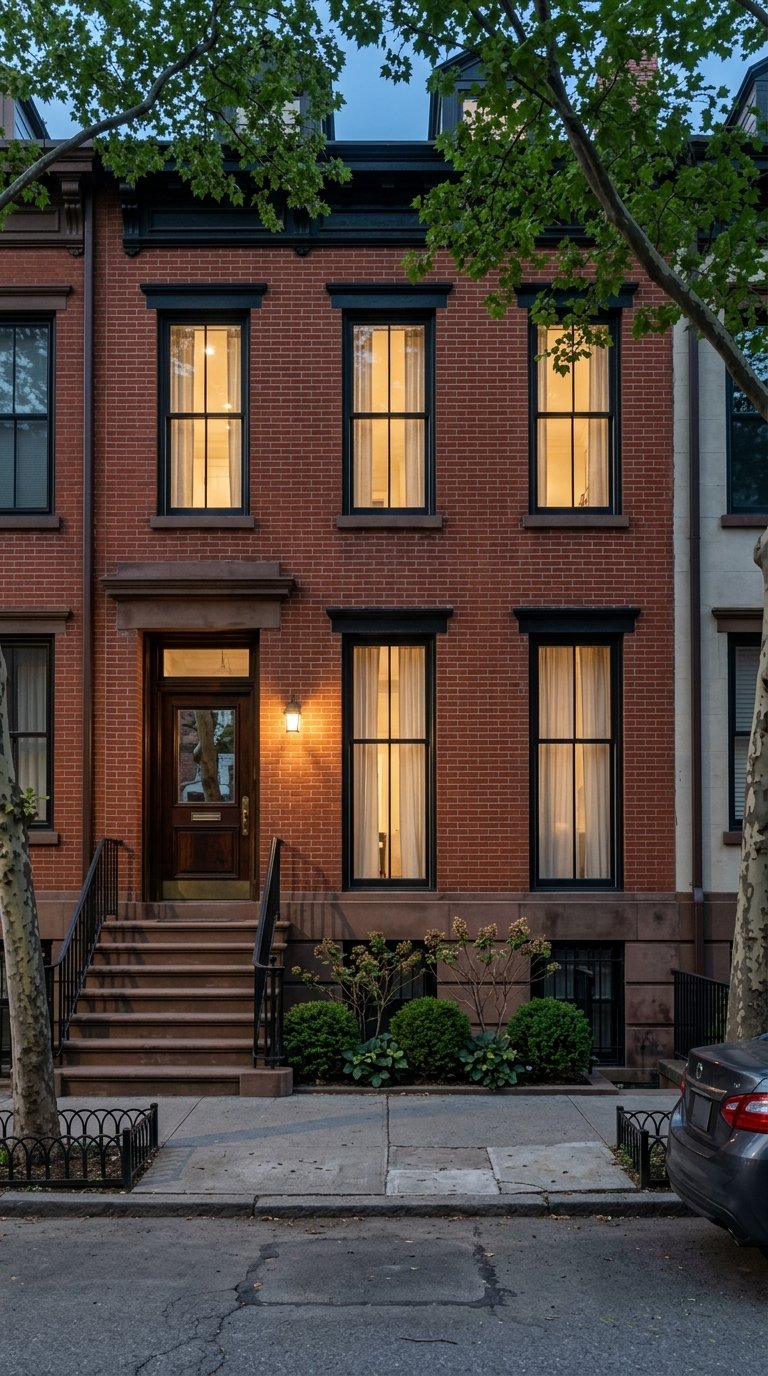 Prewar rowhouse facade with a brownstone stoop and warm-lit windows at blue hour