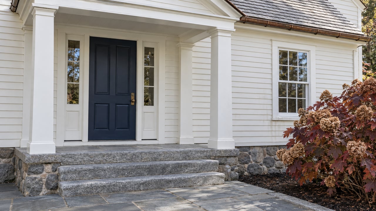 White clapboard home entrance with a navy door, paired sidelights, weathered granite steps and autumn oakleaf hydrangea.