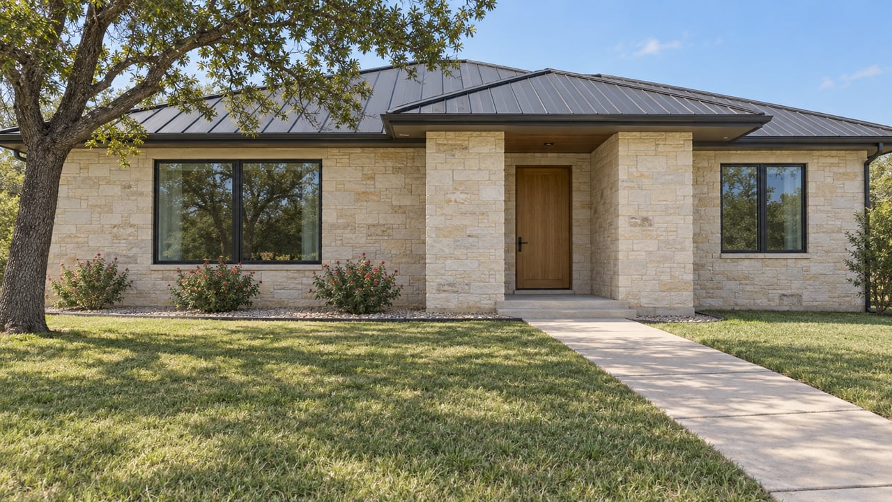 Single-story limestone home with a charcoal metal roof, black-framed windows, a deep front lawn, and a shaded oak entry.