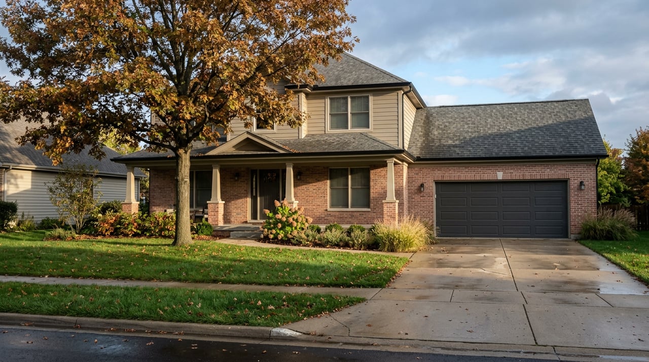 Two-story brick-and-siding home with a covered porch and attached garage, its lawn and driveway wet after rain.