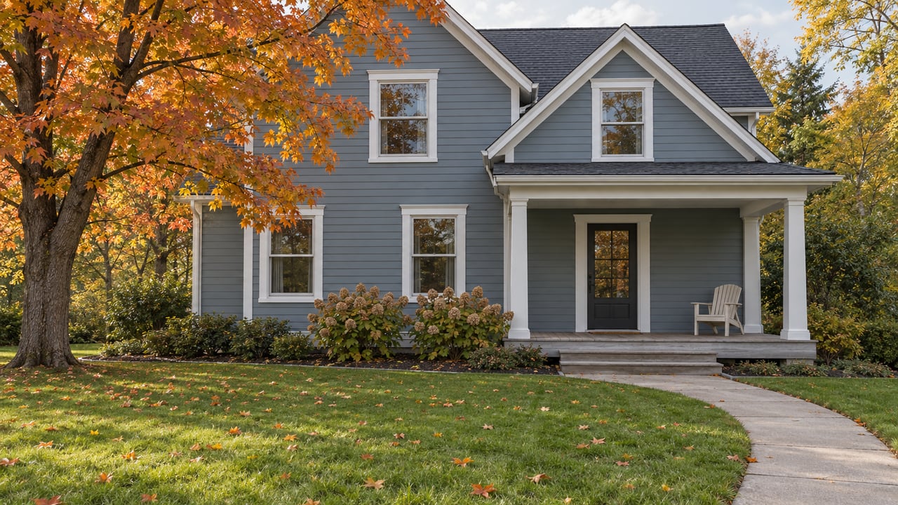 Blue-gray gabled home with white trim, a covered porch and an amber sugar maple beyond a broad autumn lawn.