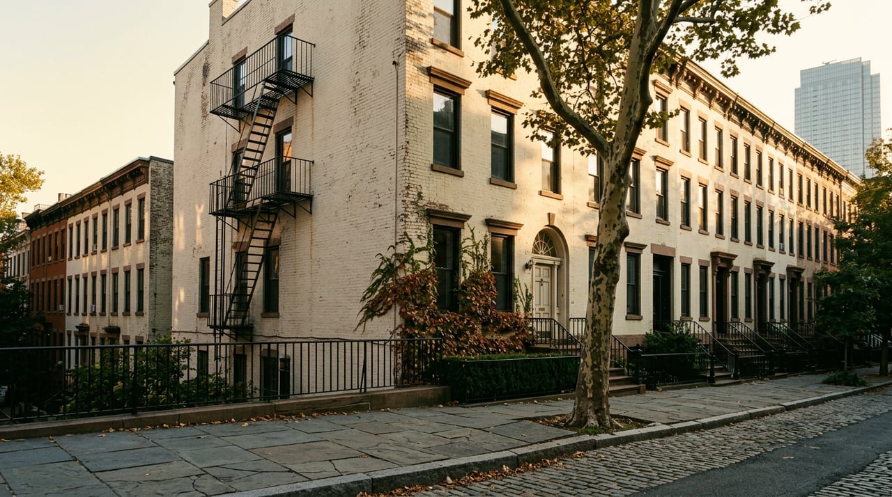 Weathered brick townhouses line a narrow street, with a black fire escape and curbside tree.
