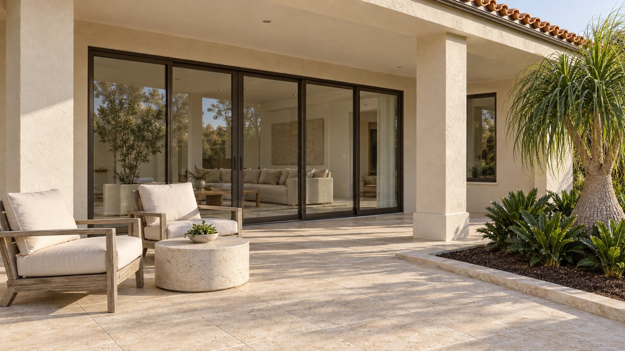 Cream stucco home with bronze sliding glass doors, limestone terrace, teak lounge chairs and a sculptural ponytail palm in a bordered planting bed.