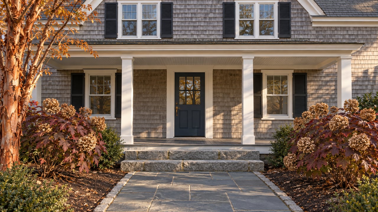 Silver-gray cedar-shingled home with white porch columns, a blue door, granite steps and autumn oakleaf hydrangeas beside a slate path.