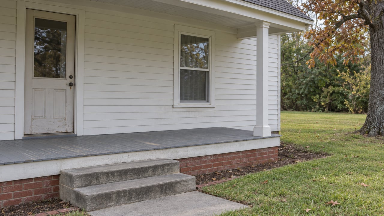 A modest home's weathered white porch siding, glazed front door and concrete steps beside an oak-shaded lawn.