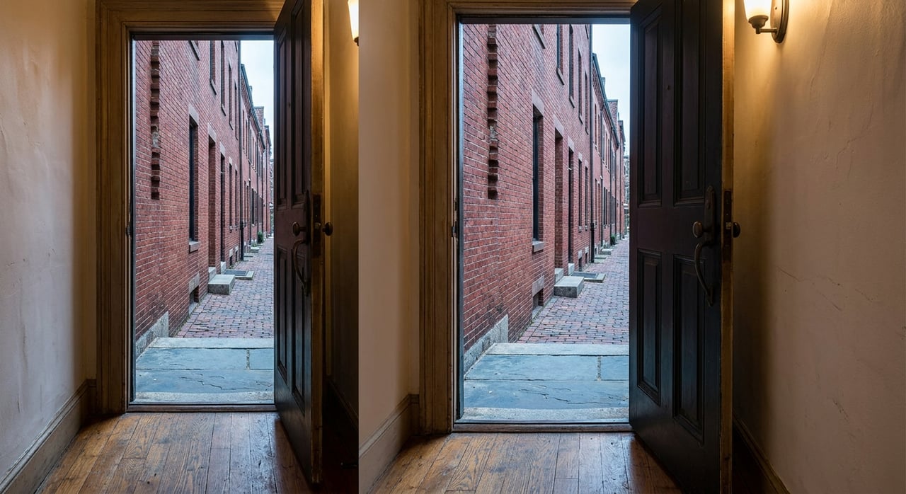 Open charcoal door frames a tiled threshold, worn brownstone steps, iron handrail, and leafy plantings.
