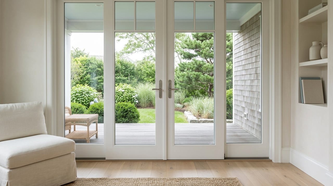 French doors open onto a covered porch beside a garden of pine and shrubs.