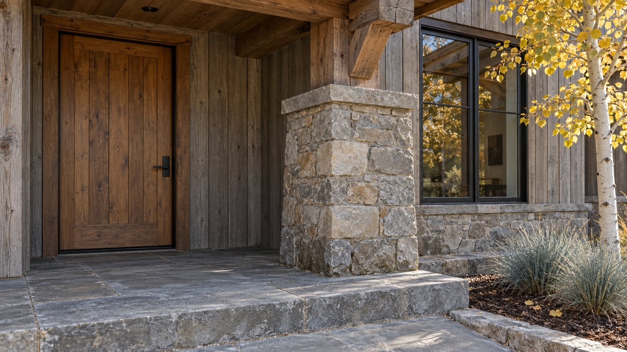 Covered wood entry with a substantial natural stone pier, dark-framed window and stone landing beside golden aspen leaves.