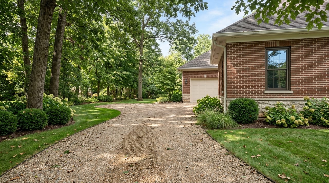 Brick-and-stone house beside a curving driveway on a wooded lot in daylight.