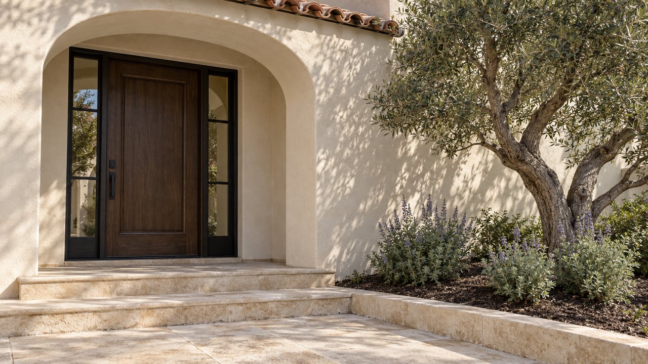 Sunlit stucco entrance with a recessed oak door, limestone steps and a sculptural olive tree.